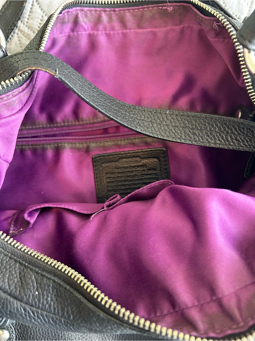 Coach Black Leather Tote with Purple Lining